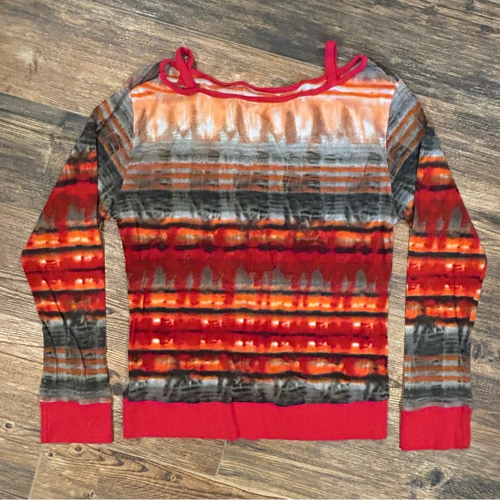Y2K Abstract Tie Dye Mesh Top | Stretchy Fitted Long Sleeve Red Orange Grunge